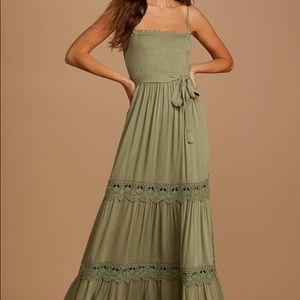 Lulus Wedding Guest Maxi Dress Olive Sage Green Crochet